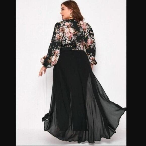 NEW Plus Floral Print Lantern Sleeve Wide Leg Jumpsuit With Skirt Women's Size 2 - Picture 2 of 13